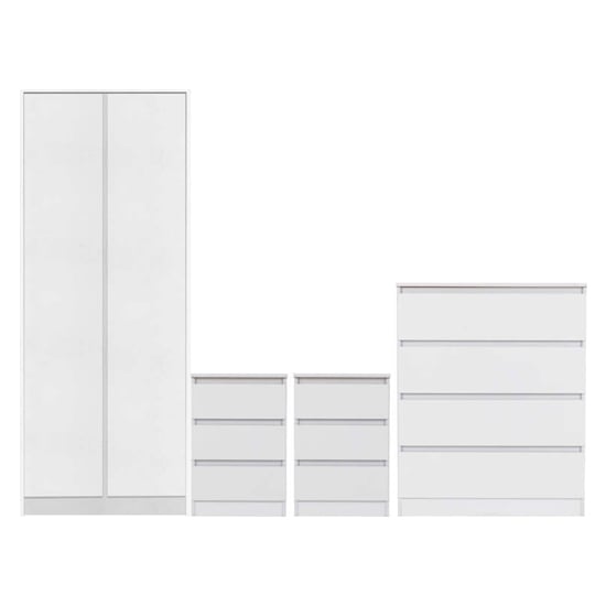 White 2-door wardrobe, 5-drawer chest, and 2 white bedside tables.