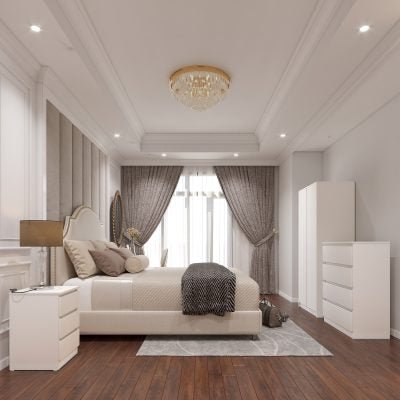 White McGowen bedroom furniture set with 2-door wardrobe, 3+2 chest, and 2 bedside tables in a modern room.