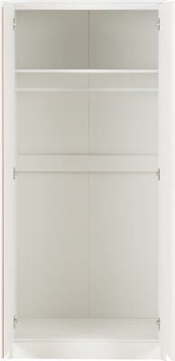 Open white 2-door wardrobe interior with shelves and hanging rail