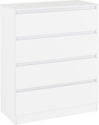 White chest of drawers with four smooth drawer fronts, minimalist design