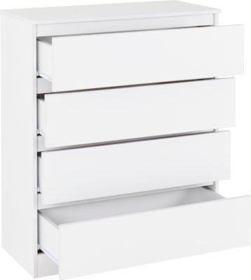 White 4-drawer chest of drawers, with lower drawers open revealing storage space.