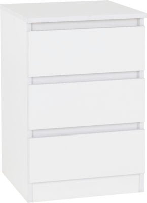 White three-drawer chest of drawers from McGowen bedroom furniture collection