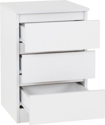 White chest of drawers with three drawers, one open revealing smooth-glide runners.