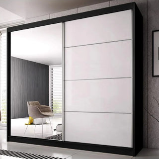ChoiceWardrobe Mesa 183 cm sliding mirrored wardrobe with black frame and white gloss panels – modern compact design for luxury bedrooms in the UK.