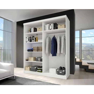 Interior layout of ChoiceWardrobe Mesa 183 cm sliding wardrobe showing shelves and hanging space – organised storage solution for modern homes.
