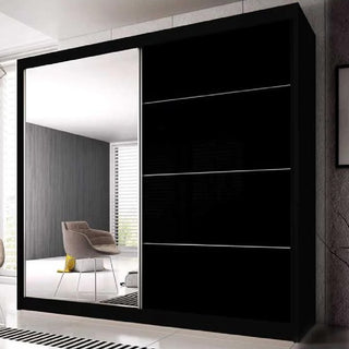 The CHOICEWARDROBE Mesa 2 Door Mirrored Sliding Wardrobe, 203cm in black gloss, features a premium full mirror design with sleek sliding doors and ample organized storage—perfect for adding modern style to any room.
