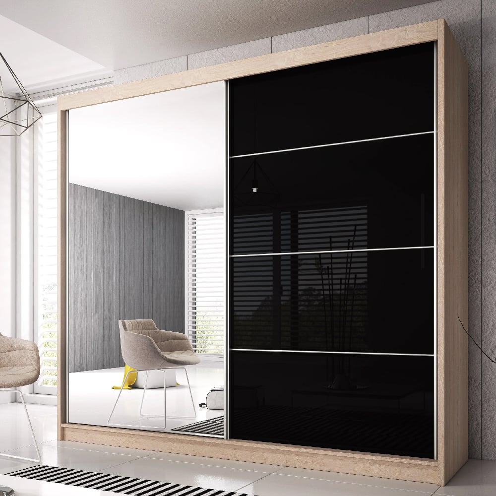 CHOICEWARDROBE 203cm sliding wardrobe with black gloss and oak finish, featuring a full mirrored door.