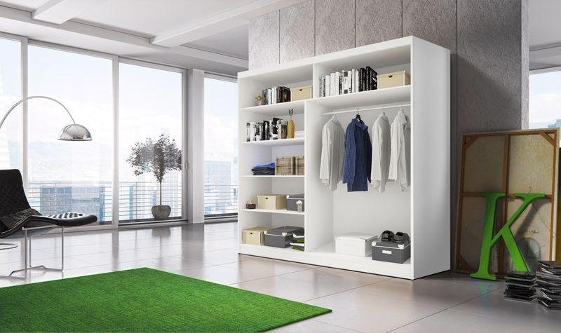CHOICEWARDROBE 2 Door Sliding Wardrobe White with Mirror, showing hanging clothes and shelves.