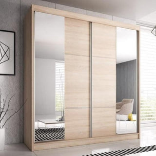 The CHOICEWARDROBE Mesa 2 Door Sliding Mirrored Wardrobe (233cm Oak Finish) features a contemporary minimalist design with full-length mirrors, hanging rail, and spacious internal shelving—ideal for any modern bedroom setup.
