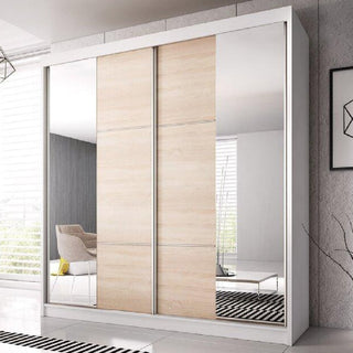 The CHOICEWARDROBE Mesa 2 Door Sliding Mirrored Wardrobe (233cm) features a sleek white frame with central oak panels, full-length mirrors on either side, and an organised storage interior—perfect for bright, contemporary spaces.