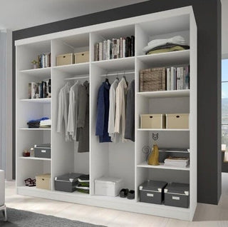 Interior of ChoiceWardrobe Mesa 233 cm sliding mirrored wardrobe showing shelves, hanging rail and storage compartments – organised modern layout for elegant homes.