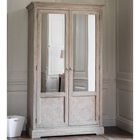 CHOICEWARDROBE Mestiza 2 door wooden wardrobe in natural finish with mirrored panels and carved detailing