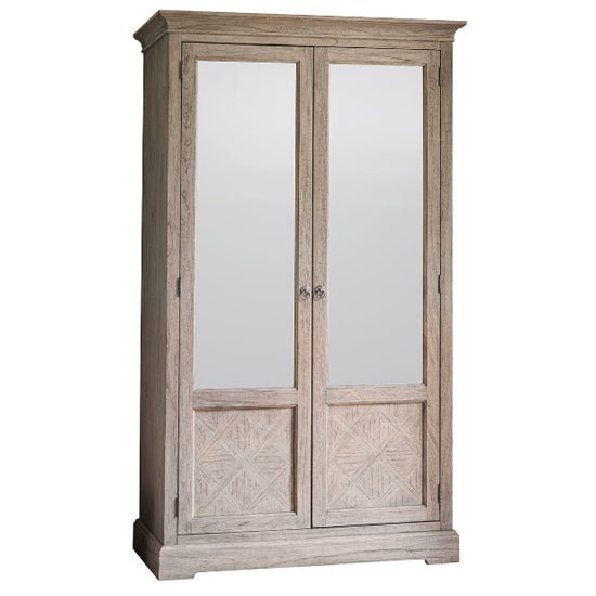 2 door wooden wardrobe with mirrored upper doors and carved detailing, natural finish