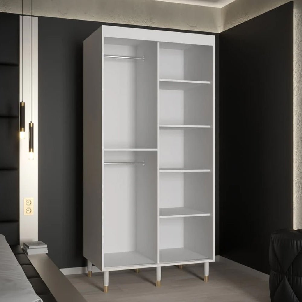 Millwall 100cm white sliding wardrobe interior view with two hanging rails and five shelves