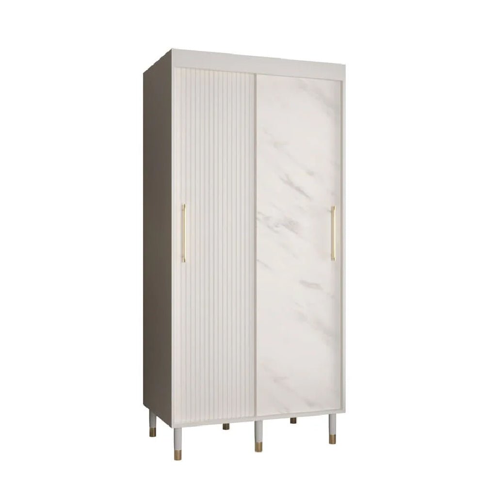 Millwall 100cm white marble-effect sliding wardrobe with ribbed panel door and gold handles.
