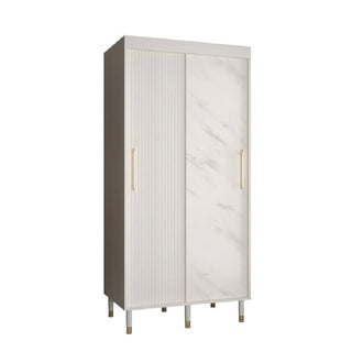 The CHOICEWARDROBE Millwall 100cm Sliding Wardrobe features ribbed and white marble-effect doors, elegant gold handles, and a space-saving compact design in a light beige/off-white finish.