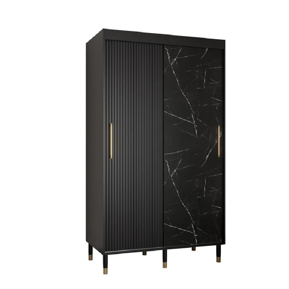 CHOICEWARDROBE Millwall 120cm wardrobe: 2 sliding doors, one ribbed panel, one black marble effect, gold handles.