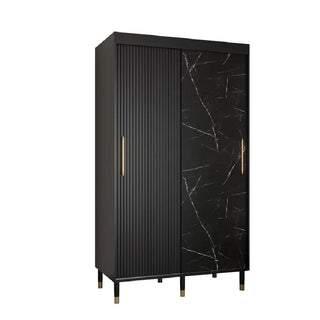 The CHOICEWARDROBE Millwall 120cm Black Marble Effect Wardrobe features 2 sliding doors—one with a ribbed panel and one with a black marble design—slim gold handles, and short legs with gold accents for modern luxury bedroom storage.
