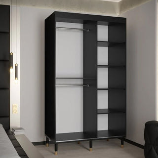 The CHOICEWARDROBE Millwall 120cm Black Marble Effect Wardrobe features two sliding doors with gold handles, a ribbed panel design, two hanging rods on the left, and five shelves on the right—ideal luxury storage for any modern bedroom.