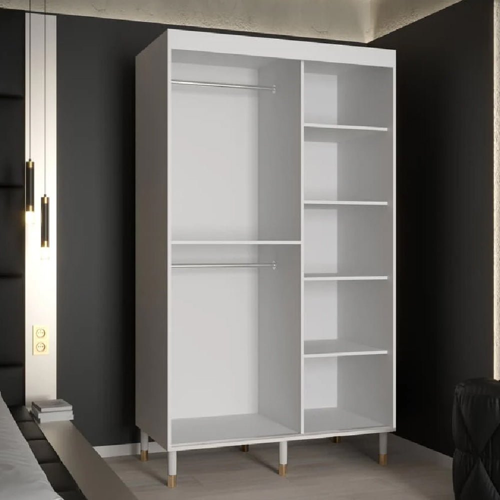 White ribbed & marble sliding wardrobe with gold handles, open shelving and hanging rails.
