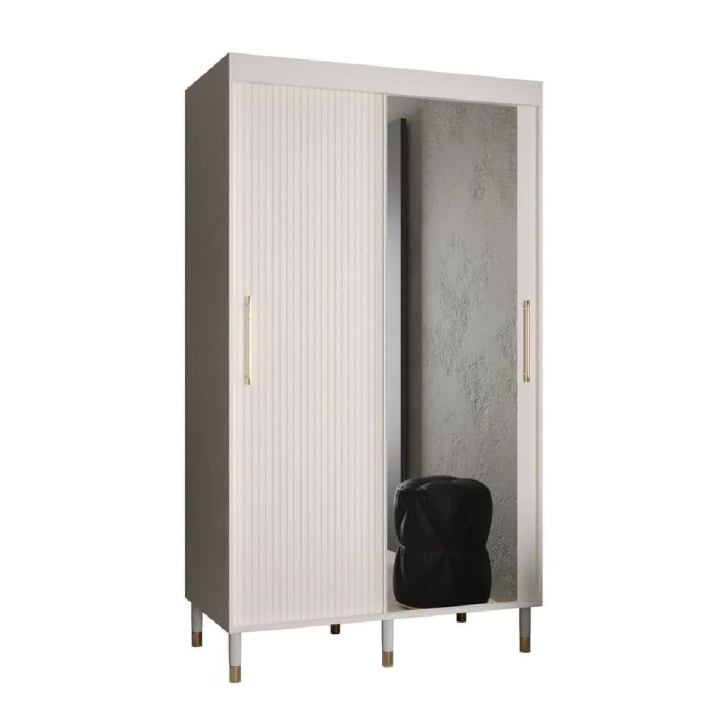 White CHOICEWARDROBE Millwall 120cm sliding door wardrobe with fluted panel and gold handles, featuring one mirrored door.