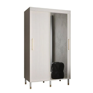 The CHOICEWARDROBE Millwall 120cm White Mirrored Sliding Door Wardrobe features a fluted panel design, gold handles, modern storage shelves, and a mirrored sliding door for compact bedroom storage.