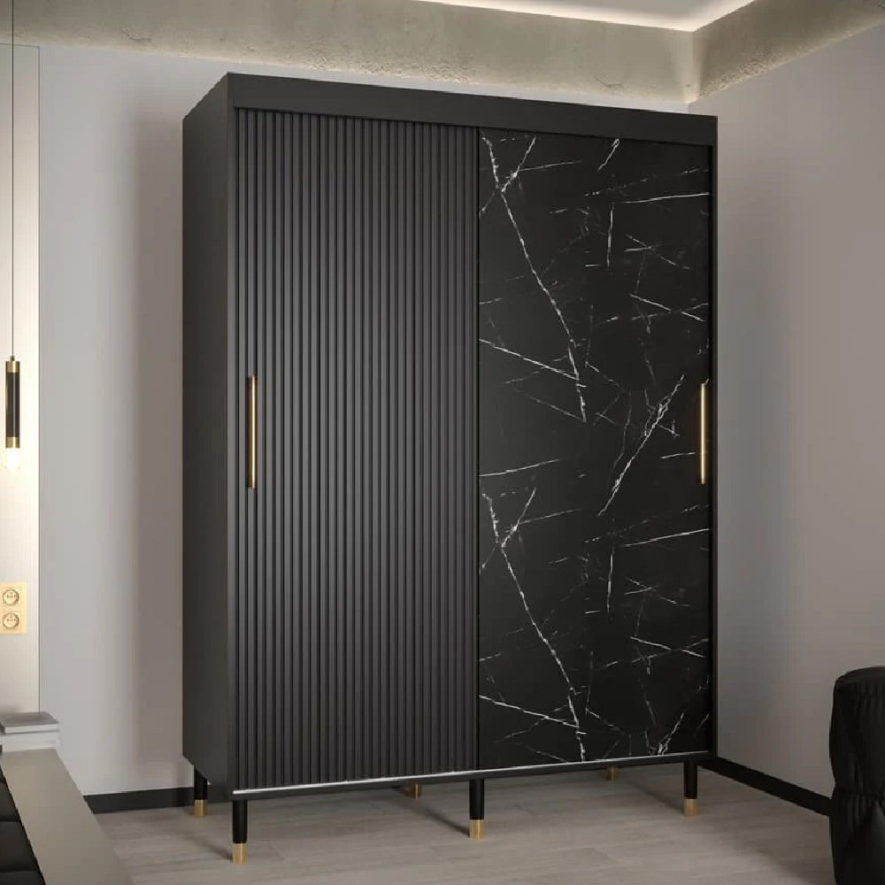 CHOICEWARDROBE Millwall 150cm sliding wardrobe: black marble door, ribbed matte door, gold handles.
