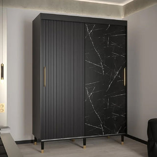 The CHOICEWARDROBE Millwall 150cm wardrobe features two sliding doors—one black marble, one ribbed matte—with gold handles and six legs, offering a modern luxury storage solution for your bedroom.