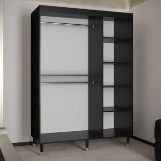 The CHOICEWARDROBE Millwall 150cm 2 Door Sliding Wardrobe in Black Marble & Ribbed Matte Finish with Gold Handles offers a modern luxury storage solution, featuring hanging rods and shelves—ideal for contemporary bedrooms.