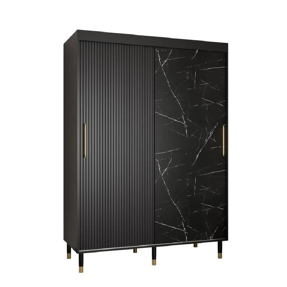 CHOICEWARDROBE Millwall 150cm 2-door sliding wardrobe in black marble and ribbed matte finish with gold handles.