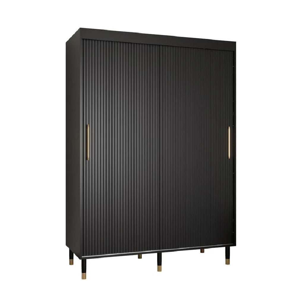 Black ribbed sliding door wardrobe with gold handles