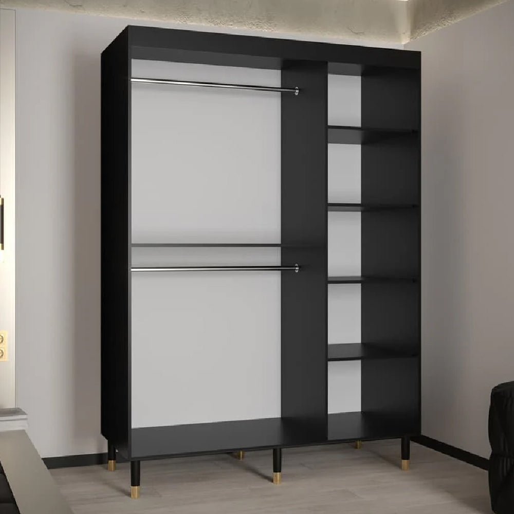 Black wardrobe with two hanging rails and open shelves, raised on gold legs