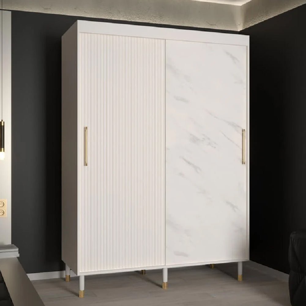 CHOICEWARDROBE Millwall 150cm sliding door wardrobe, white marble effect with ribbed panels and gold handles.