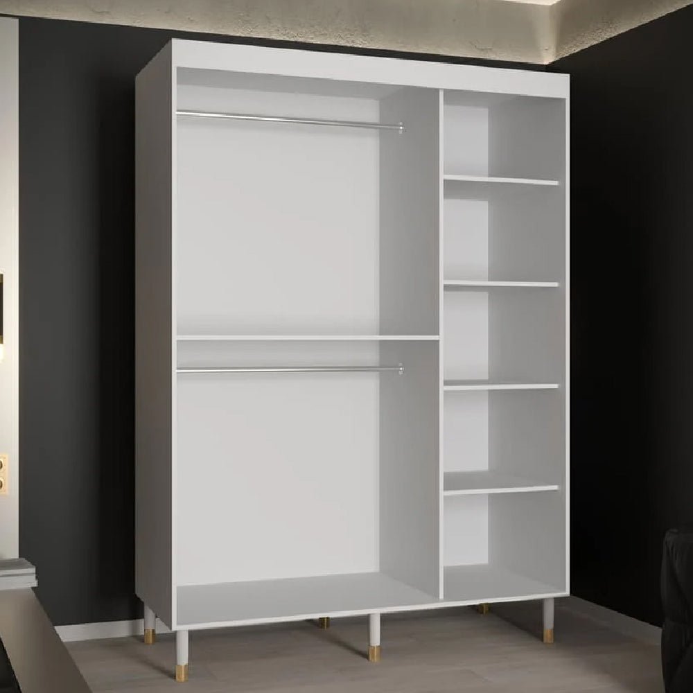 CHOICEWARDROBE Millwall 150cm sliding door wardrobe, white marble effect with ribbed panels and gold handles.