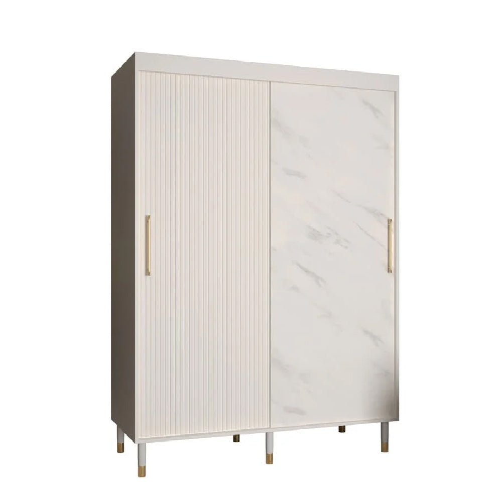 CHOICEWARDROBE Millwall 150cm sliding wardrobe in white marble effect with ribbed panel and gold handles.