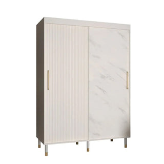 The CHOICEWARDROBE Millwall 150cm White Marble Effect Sliding Wardrobe features ribbed panels, one marble-effect door, gold handles, and a compact luxury design with short legs accented in gold.