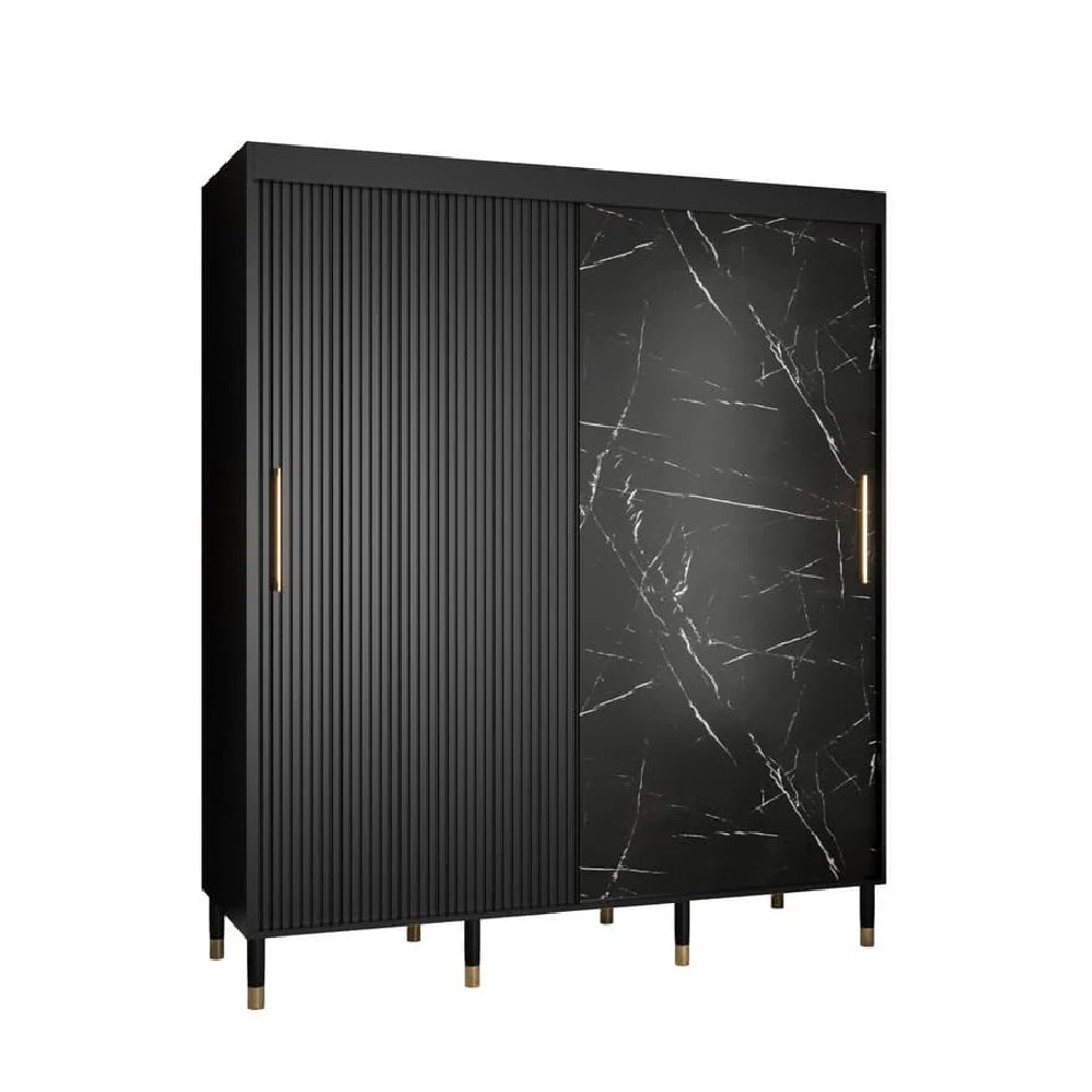 CHOICEWARDROBE Millwall 180cm sliding door wardrobe: ribbed door, black marble effect door, gold handles.