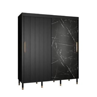 The CHOICEWARDROBE Millwall 180cm Black Marble Effect Wardrobe features 2 sliding doors—one ribbed, one with a marble effect—gold handles, six slim gold-accented legs, and offers luxury modern bedroom storage.