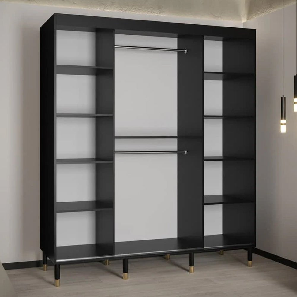 CHOICEWARDROBE Millwall 180cm black sliding door wardrobe with gold handles and ribbed detailing.