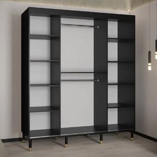 The CHOICEWARDROBE Millwall 180cm Black Marble Effect Wardrobe features 2 sliding doors with gold handles and ribbed detailing, offering luxury modern bedroom storage with a stylish black finish against a white wall.