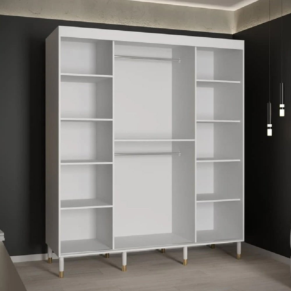 White sliding door wardrobe with mirrored panel, open shelves and hanging rails