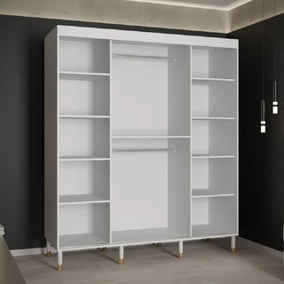 The CHOICEWARDROBE Millwall 180cm White Mirrored 2 Door Sliding Wardrobe features a ribbed panel design, gold handles, open side shelving, dual hanging rods, and multiple compartments for modern bedroom storage.