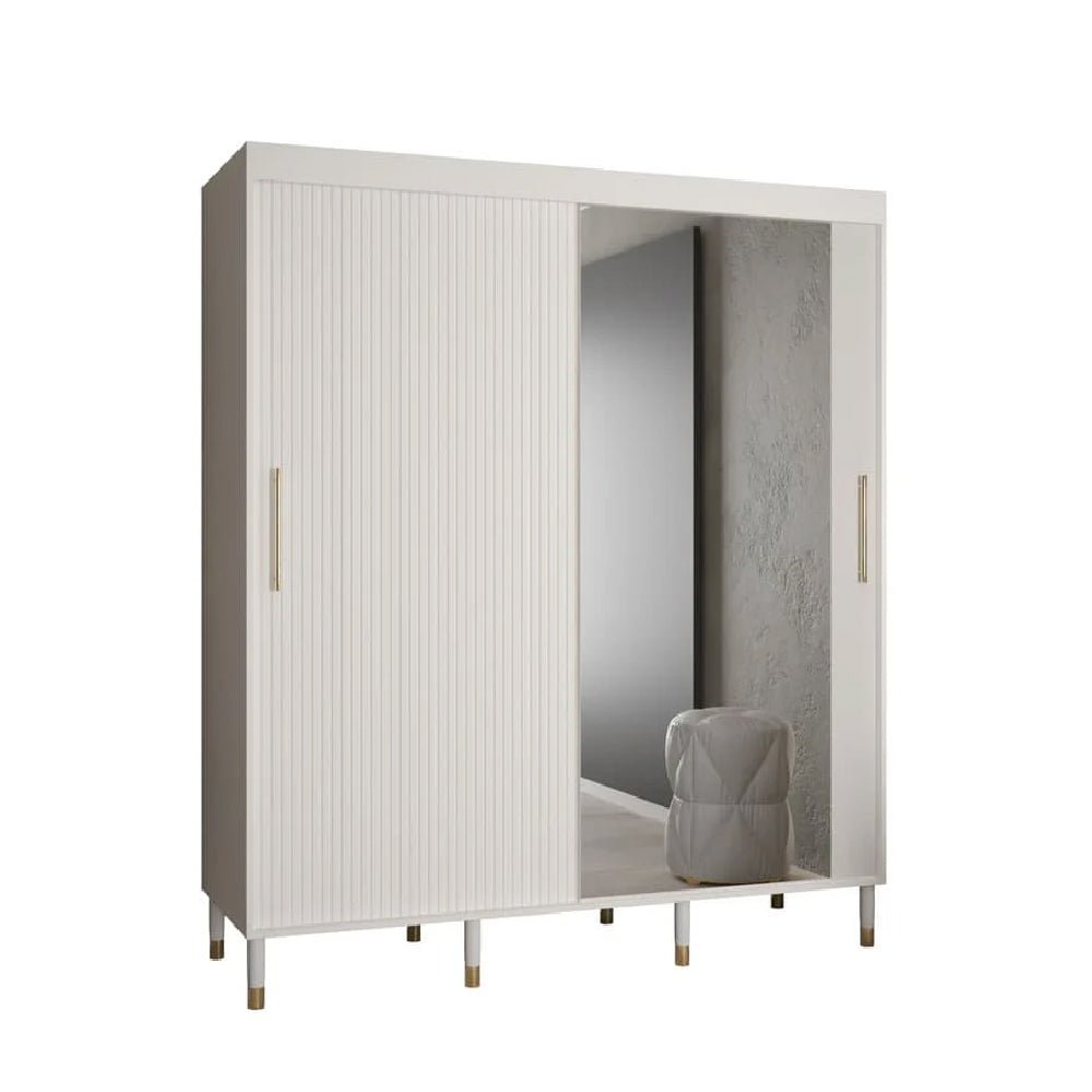 White 2-door sliding wardrobe with one mirrored door and gold handles