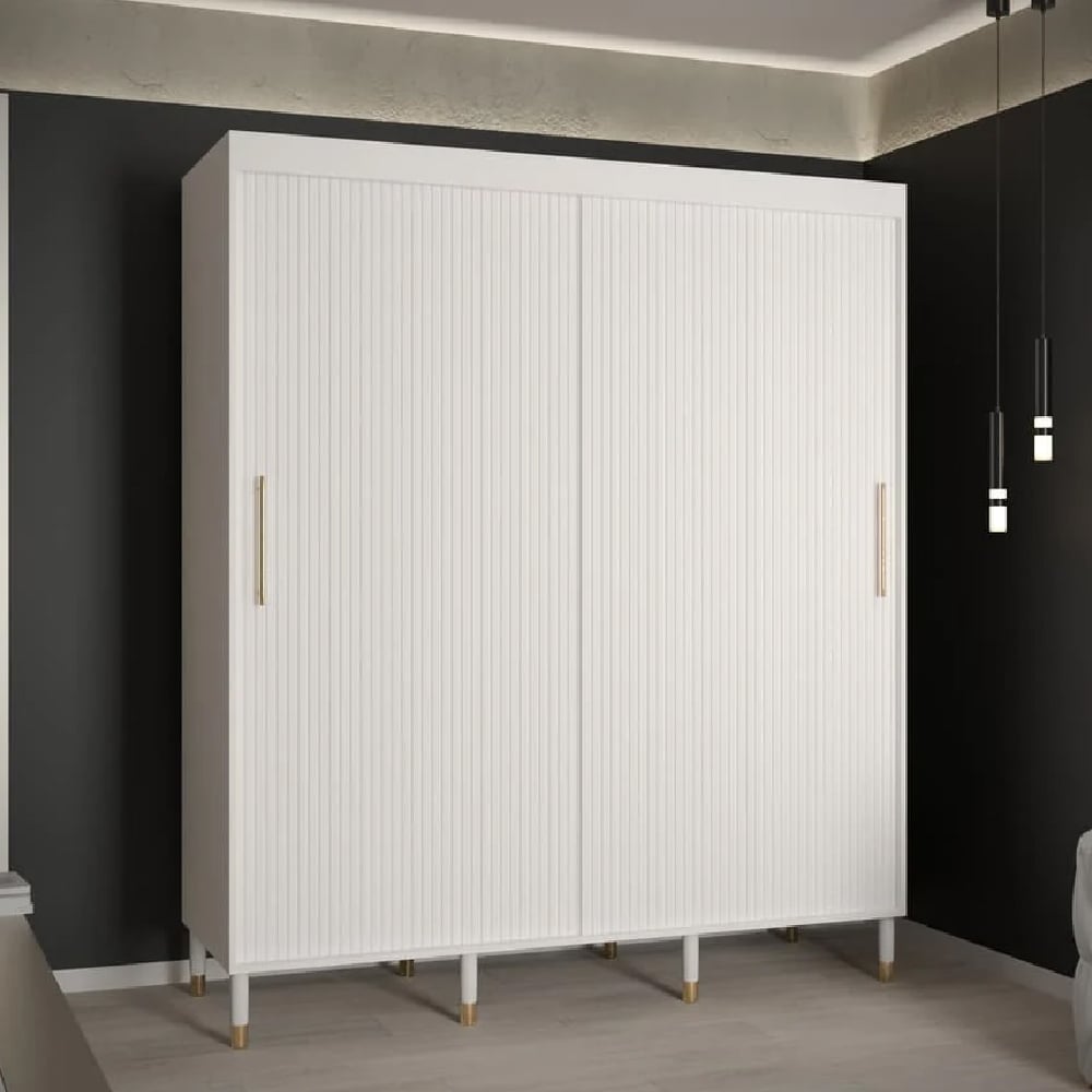 White 180cm sliding door wardrobe with ribbed panels and gold handles