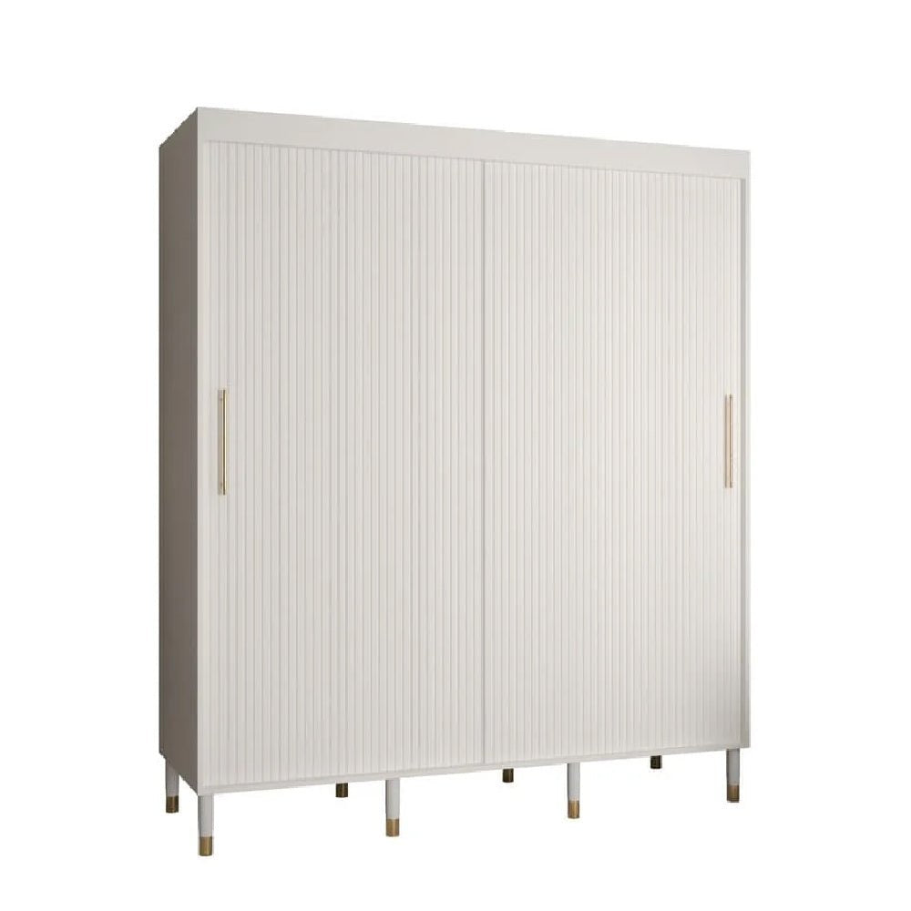 White 180cm sliding door wardrobe with ribbed panels and gold handles.