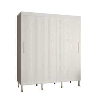 White 180cm sliding door wardrobe with ribbed panels and gold handles.