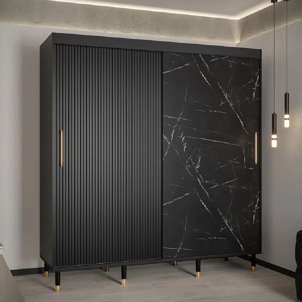 CHOICEWARDROBE Millwall 200cm black 2-door sliding wardrobe with ribbed and marble doors, gold handles.