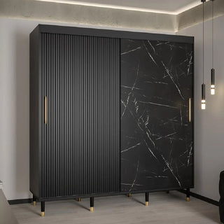 The CHOICEWARDROBE Millwall 2 Door Sliding Wardrobe (200cm) features a black marble and ribbed design, gold handles, elevated legs, and premium storage with hanging rails and shelves—perfect for modern, minimal interiors.