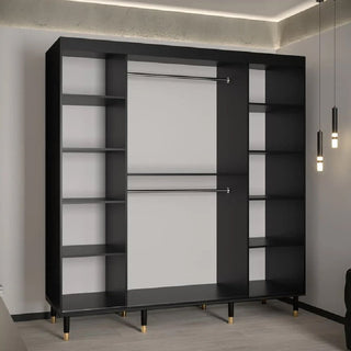 The CHOICEWARDROBE Millwall 2 Door Sliding Wardrobe (200cm, Black Marble & Ribbed Design) features gold handles, elevated legs, hanging rails, and shelves—offering premium storage in a minimalist room with wood floors and pendant lights.