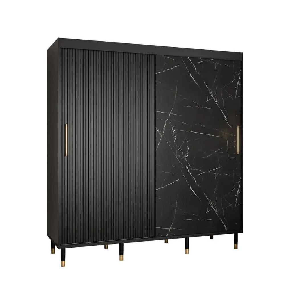 CHOICEWARDROBE Millwall 200cm 2-door sliding wardrobe in black marble and ribbed finish with gold handles.